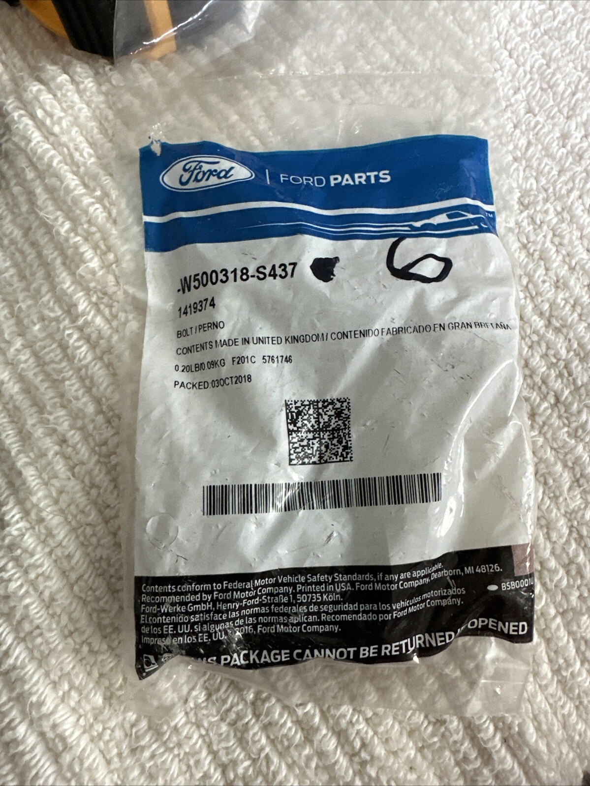 (6)Genuine Ford Water Pump Assembly Bolts W500318-S437