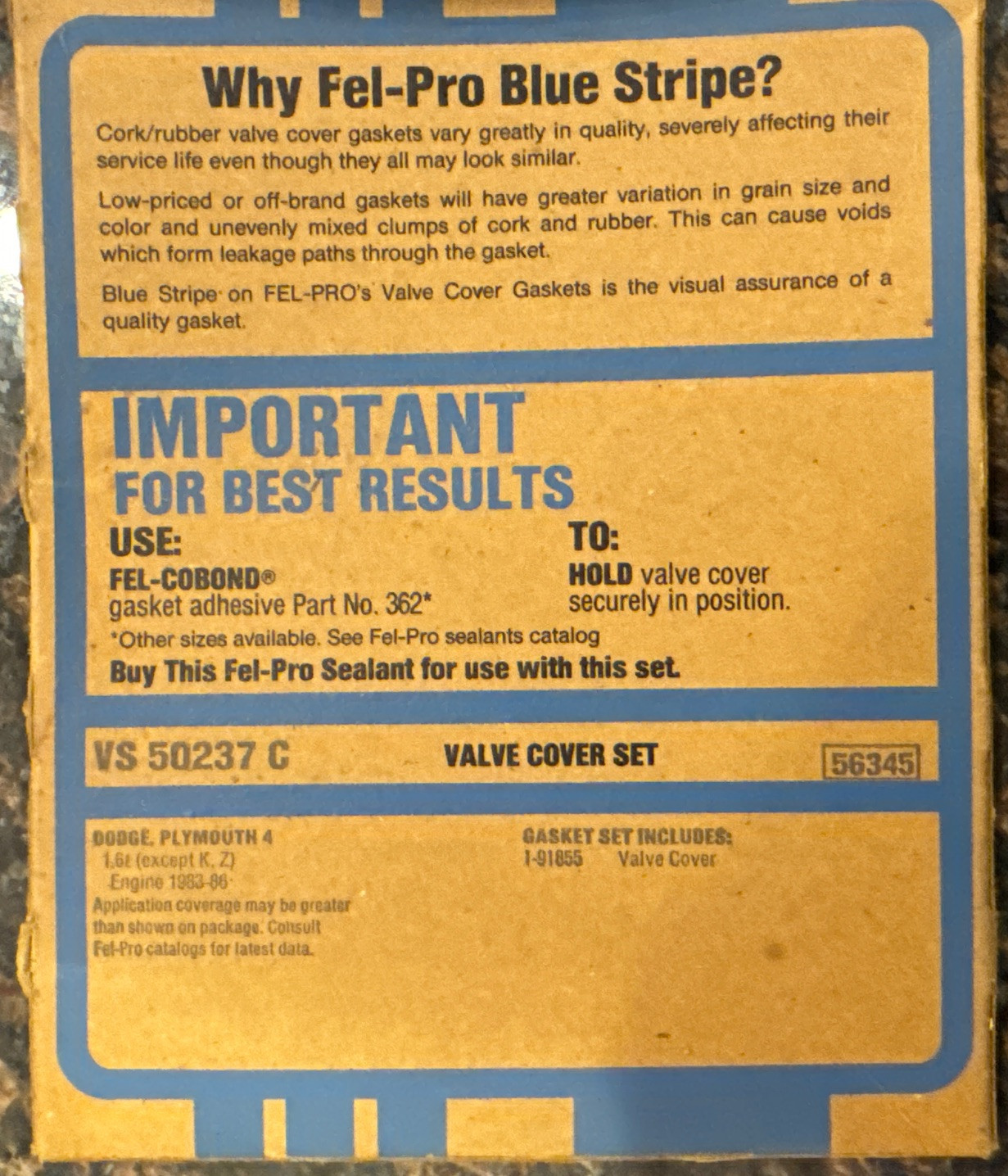 Fel-Pro VS50237C Valve Cover Gasket Fits 1984 Dodge Omni 1.6L l4 Gas SOHC NEW - Image 3