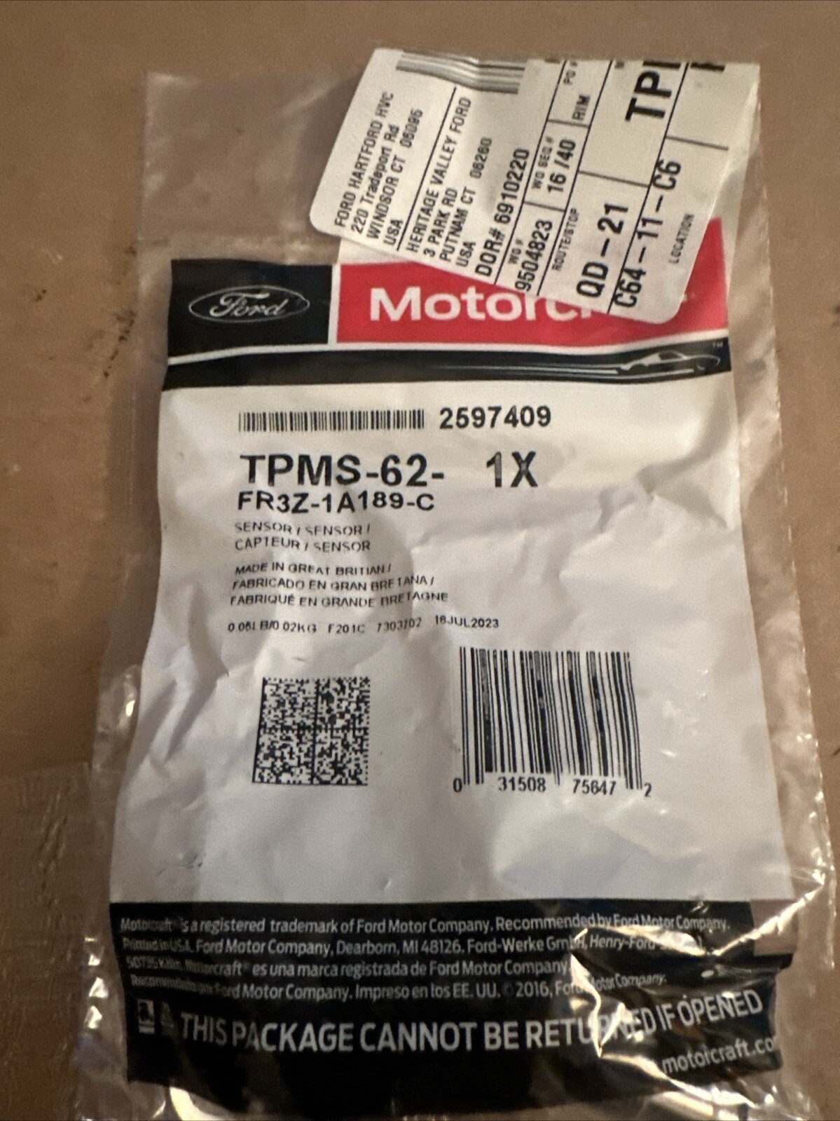 TPMS62 OEM Motorcraft Tire Pressure Monitoring System Sensor HC3Z-1A189-A TPMS39