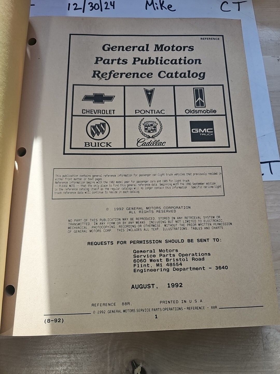 Chevy Pontiac Oldsmobile Buick Cadillac GMC Parts Publication Reference Aug 1992 - Image 3