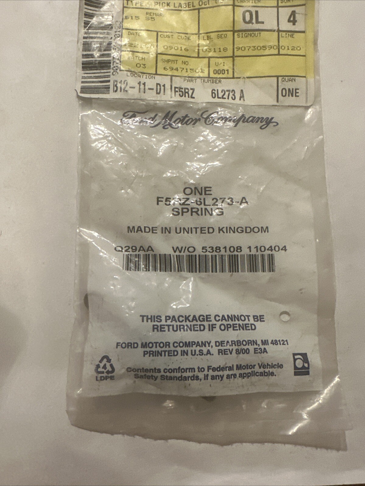 Genuine Ford F5RZ-6L273-A Spring for Timing Belt Tensioner