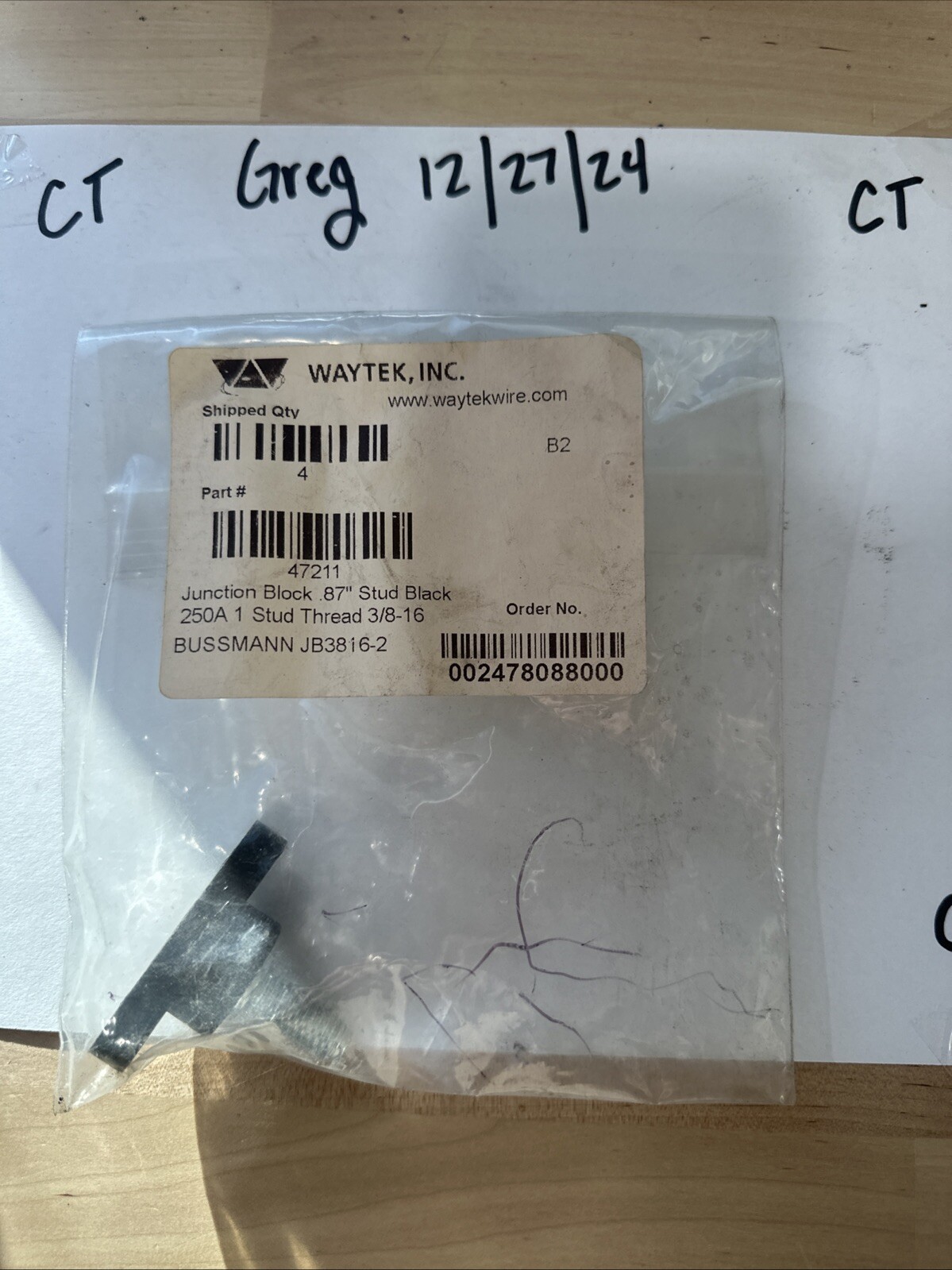 Waytek Wire JUNCTION BLOCK .87" STUD RED 250 1 THREAD 3/8-16 47211