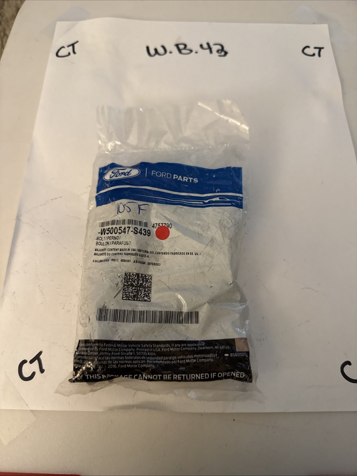 (1) Genuine Ford Lower Control Arm Mount Bolt -W500547-S439 Sold Individually