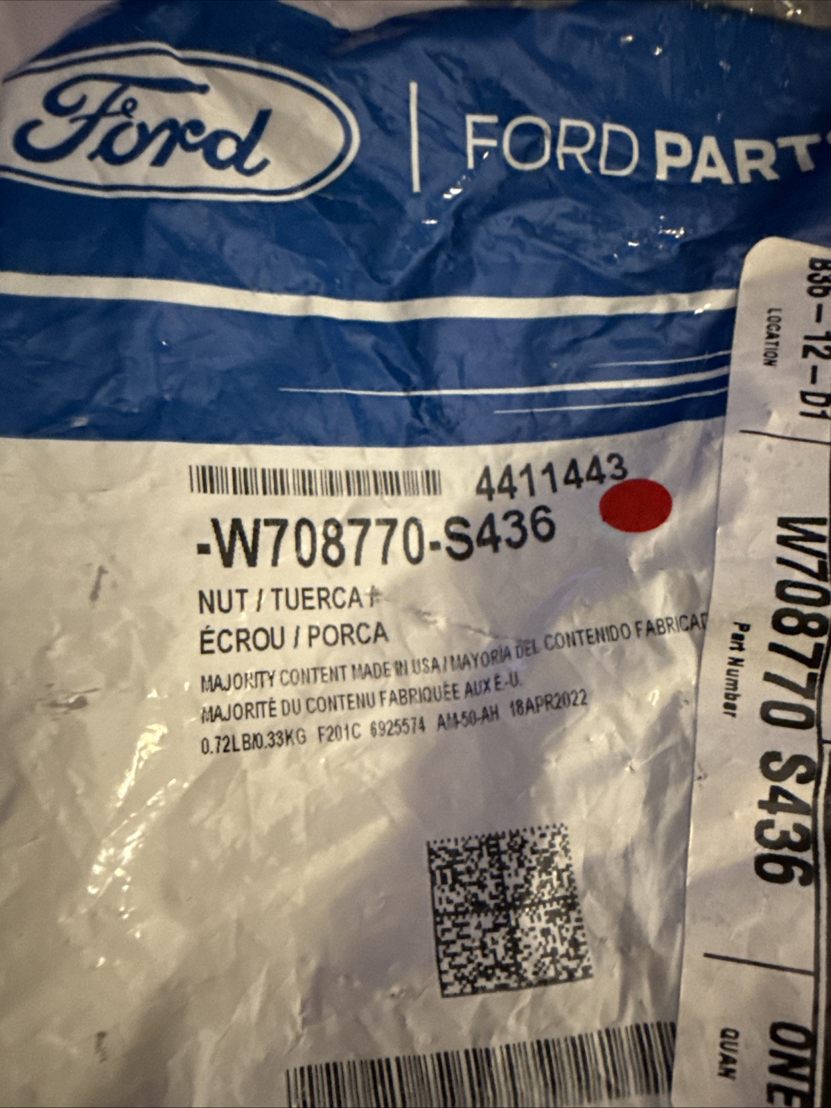 (1) Genuine Ford Mount Bolt Nut -W708770-S436 Sold Individually - Image 3