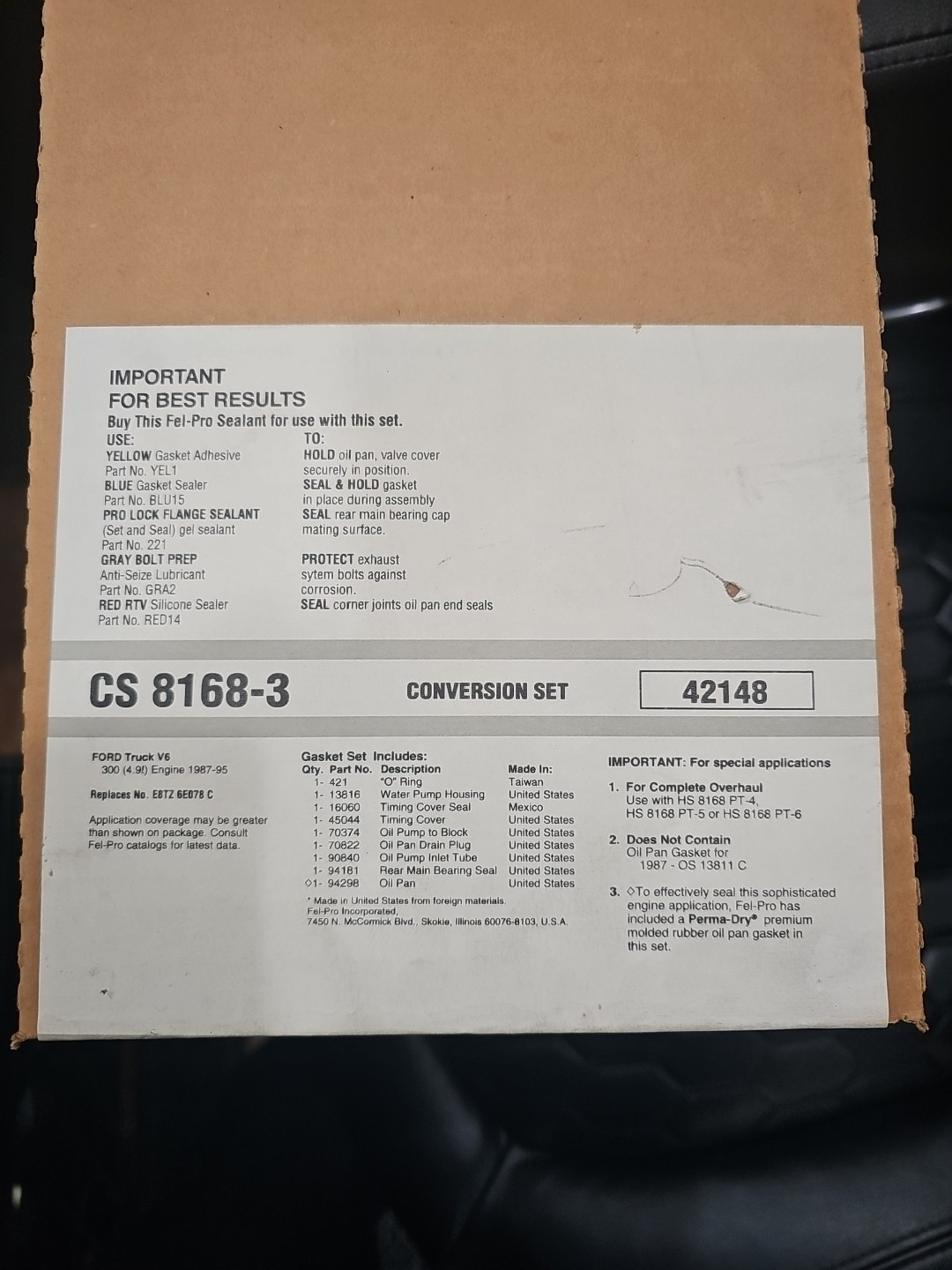 Engine Conversion Gasket Set Fel-Pro CS 8168-3 For 87-95 Ford Truck V6 300 4.9L - Image 3