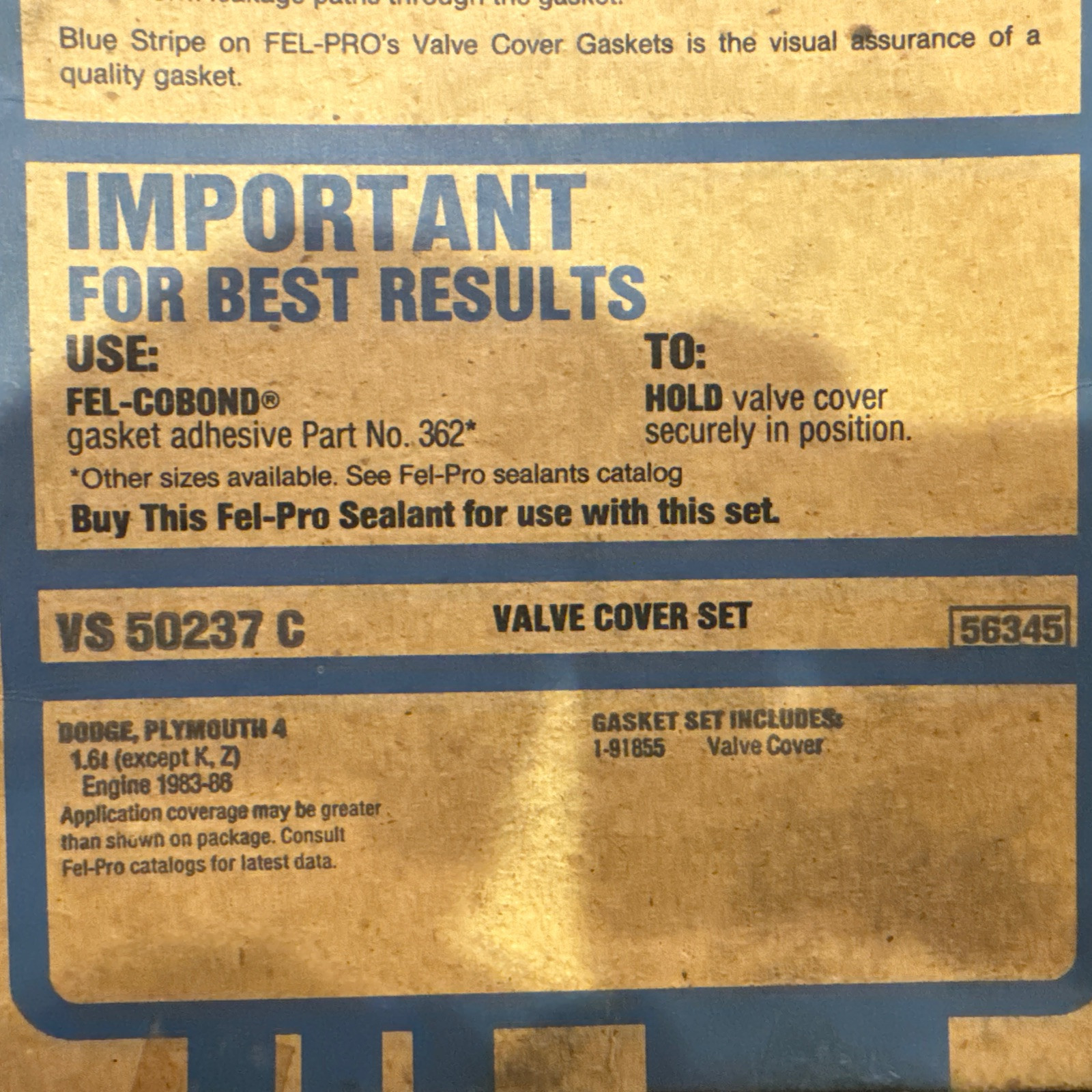 Fel-Pro VS50237C Valve Cover Gasket Fits 1984 Dodge Omni 1.6L l4 Gas SOHC NEW - Image 3