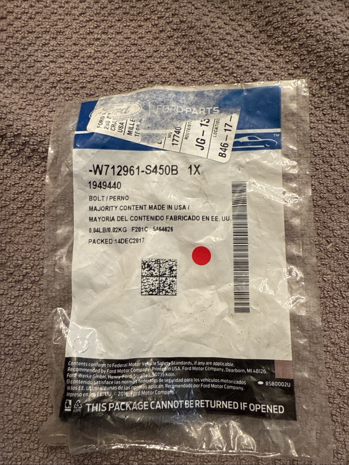 Genuine Ford Steering Column Lower Bolt -W712961-S450B