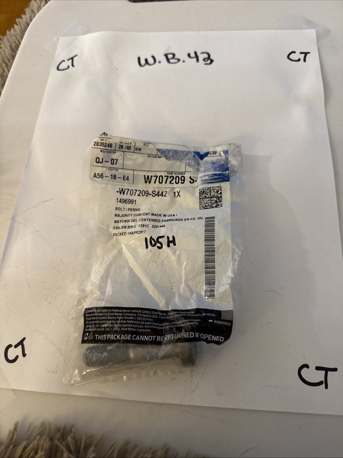 New Genuine Ford Bolt W707209S442 / W707209-S442 Sold Individually