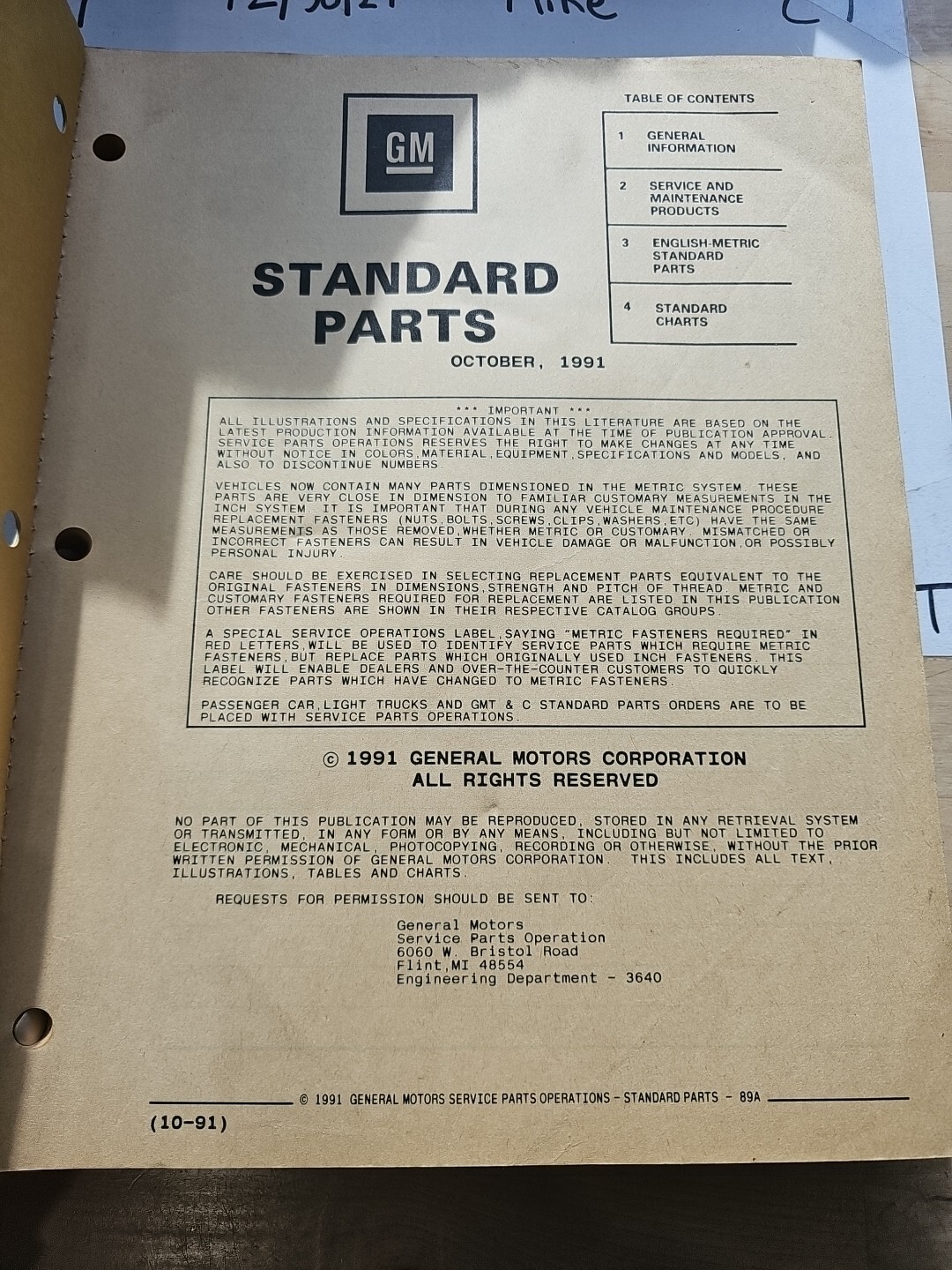 1991 CHEVY PONTIAC OLDSMOBILE BUICK CADILLAC STANDARD PARTS CATALOG #89A - Image 3
