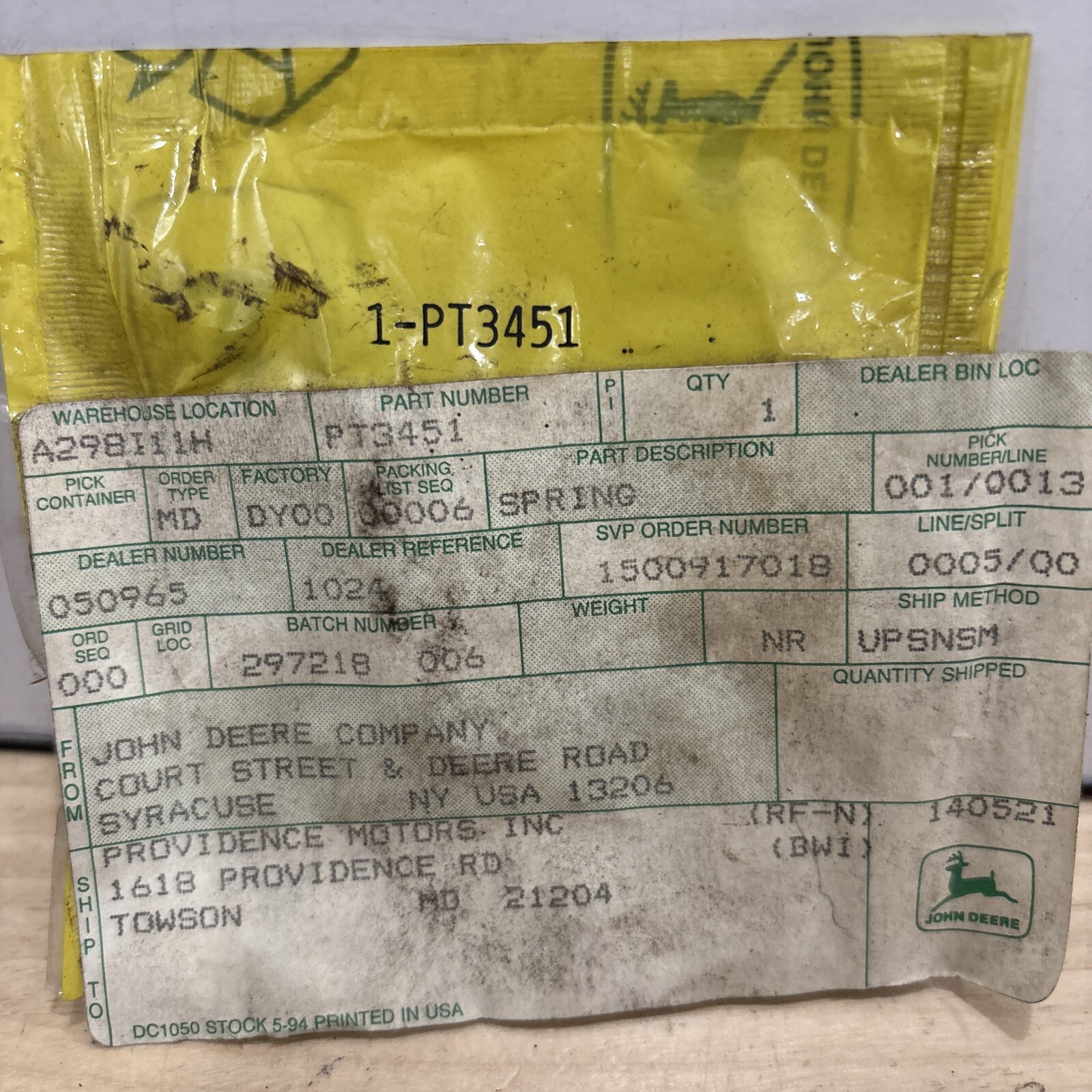 John Deere PT3451 Spring LX270 Genuine OEM NOS - Image 3