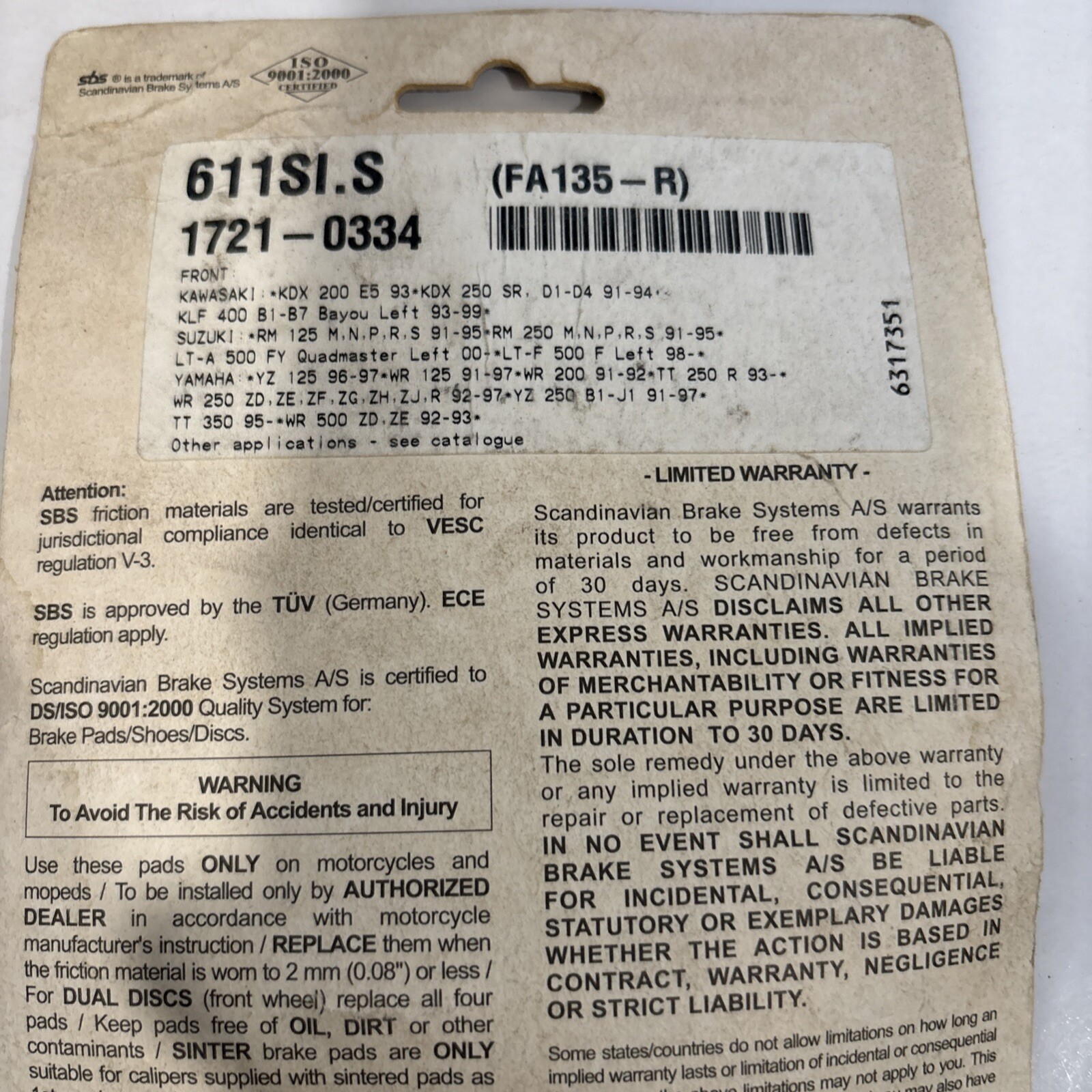 Parts Unlimited Brake Pads 1721-0334 611SI Same As FA135 NOS - Image 4