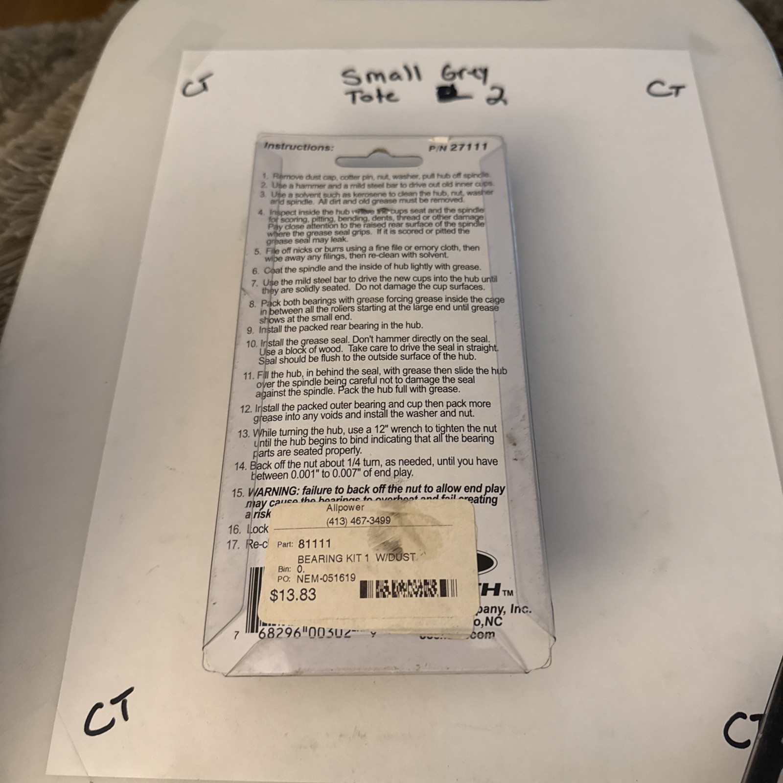 C.E. SMITH Trailer Wheel Bearing Kit Fits 1” Straight Spindle P/N 27111 New - Image 3