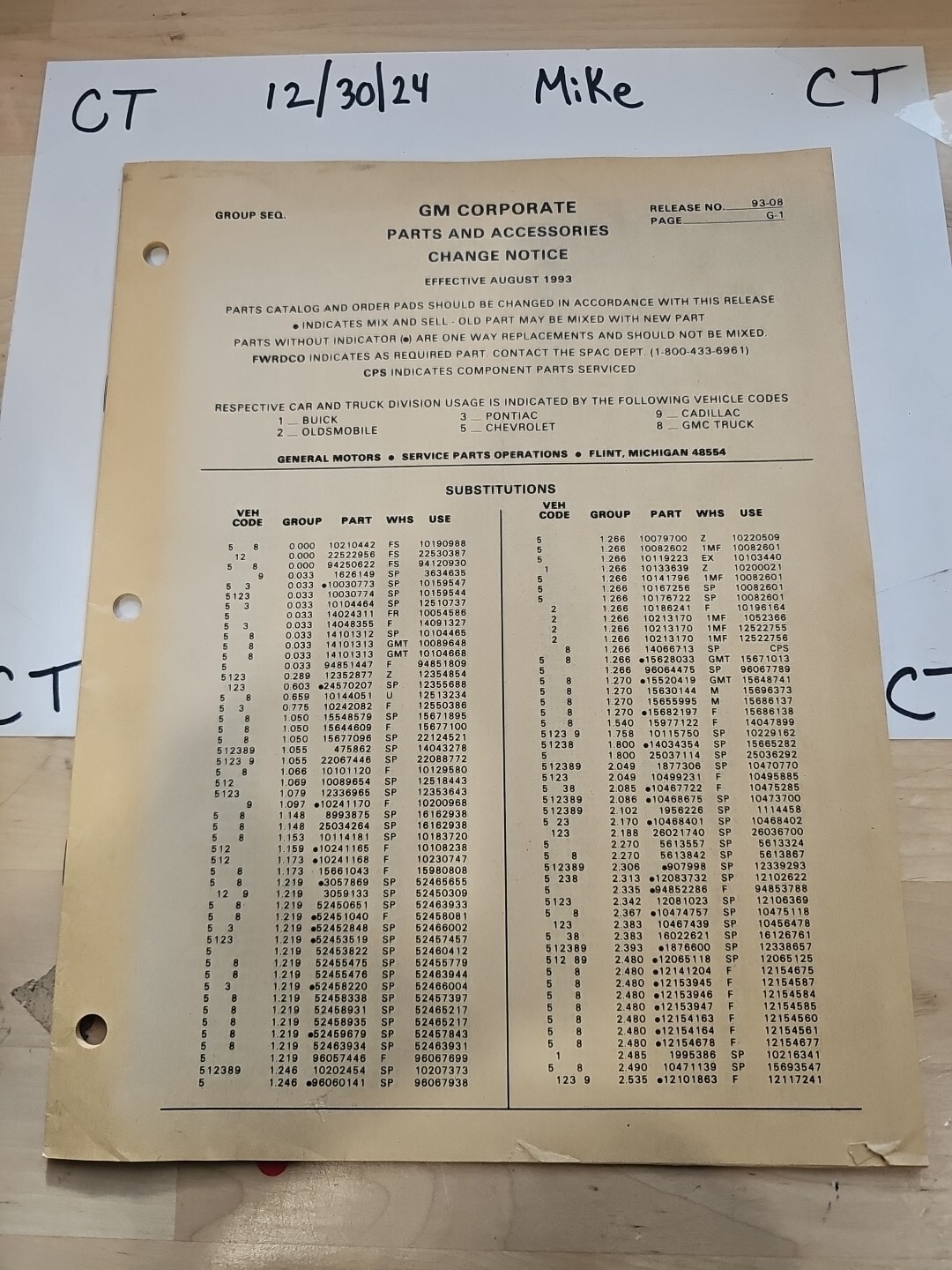 GM Corporation Parts And Accessories Change Notice August 1993