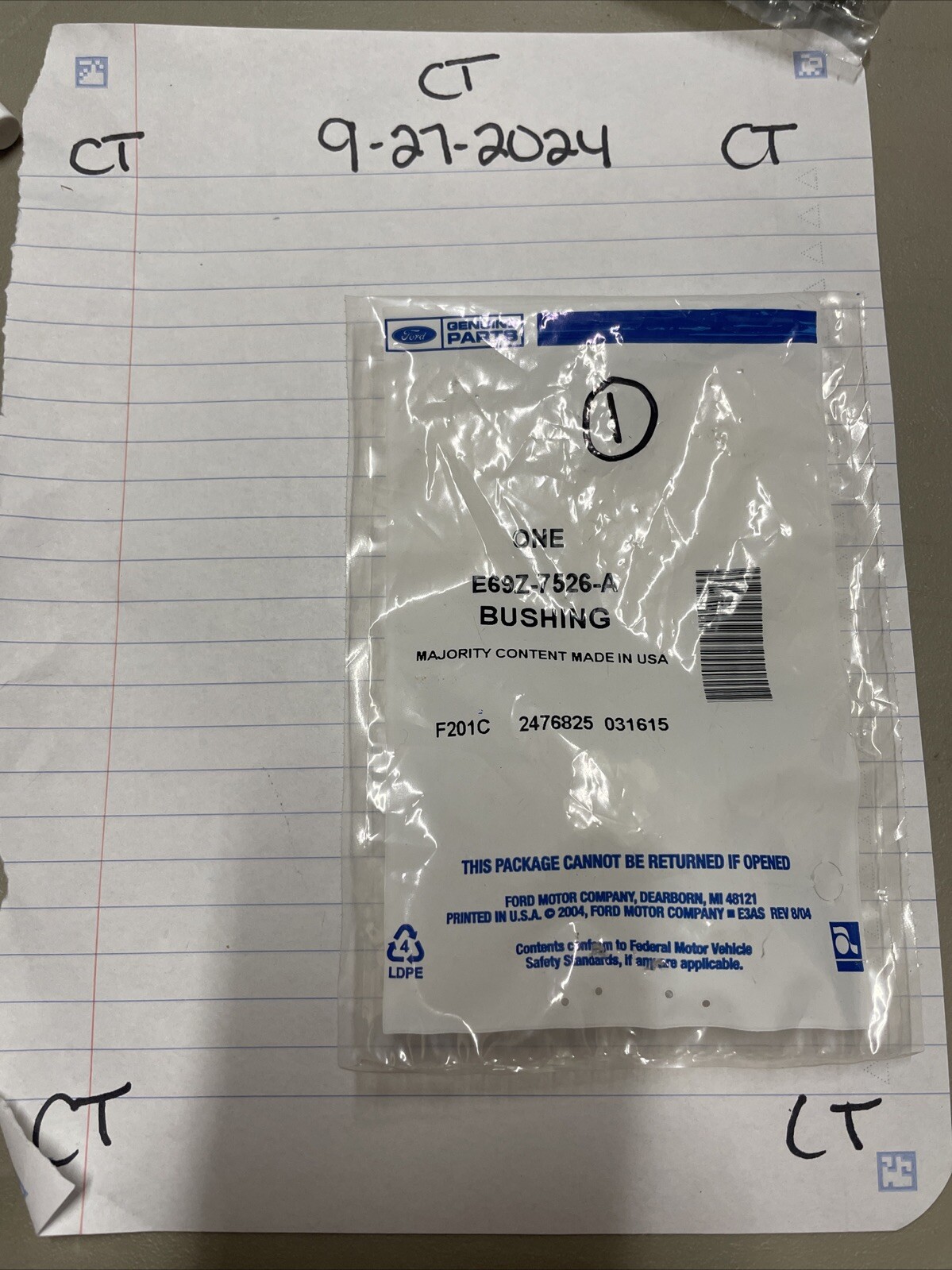 Genuine Ford Pedal Shaft Bushing E69Z-7526-A Sealed NOS OEM Bag