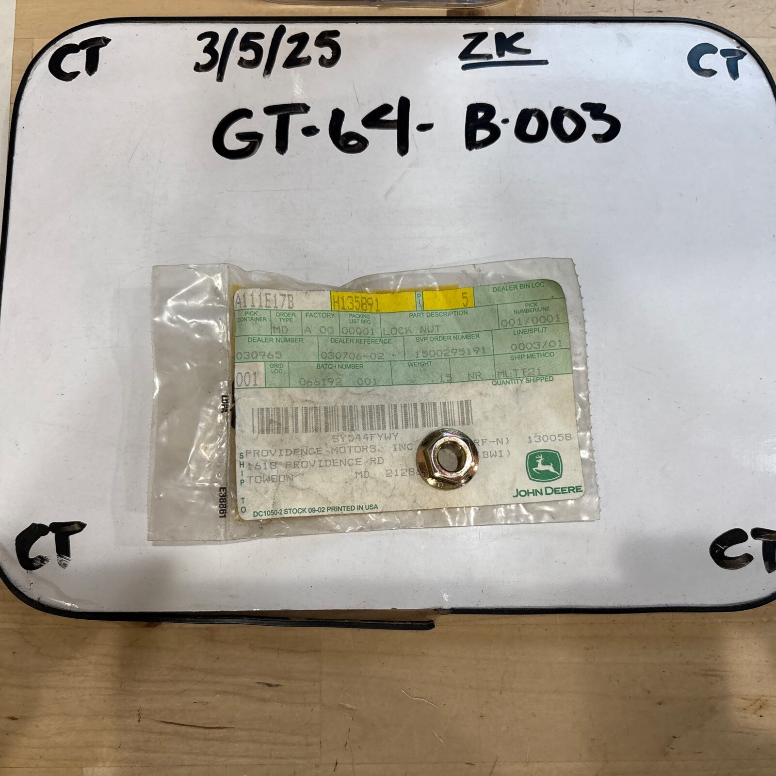 John Deere Original Equipment Lock Nut #H135891