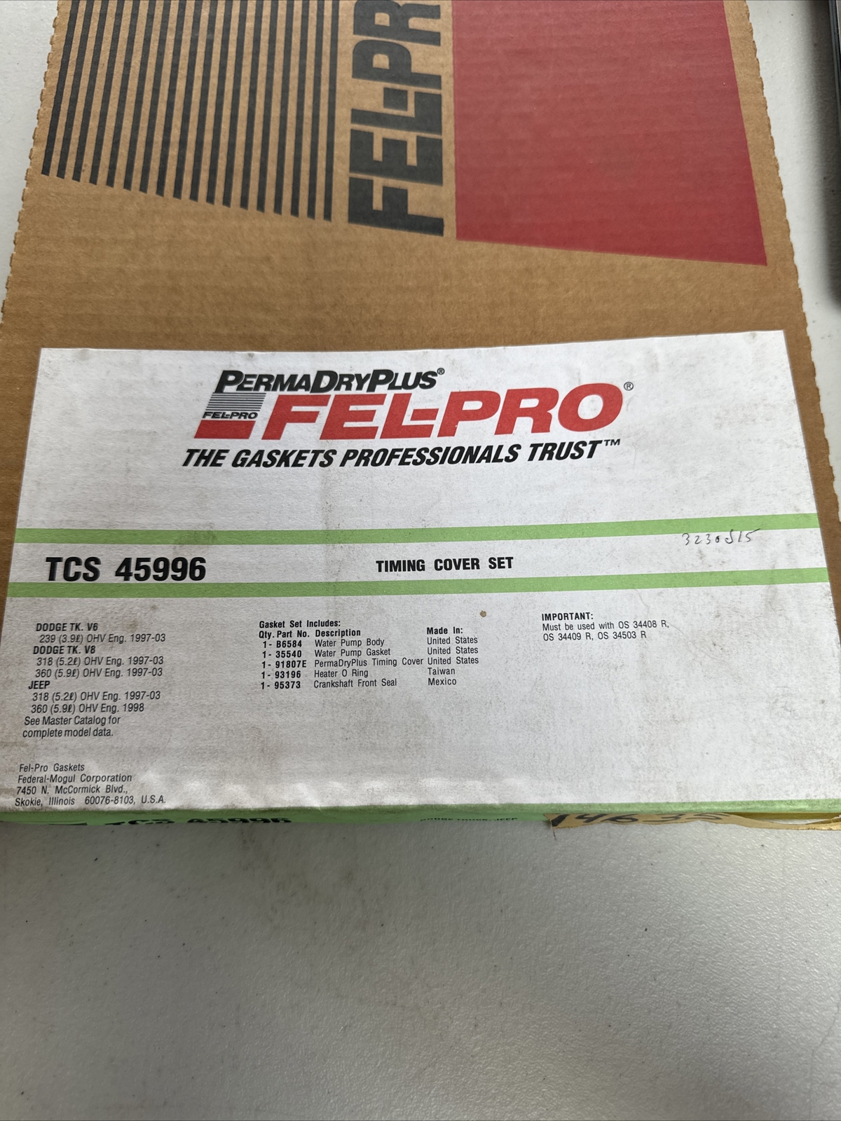 Engine Timing Cover Gasket Set Fel-Pro TCS 45996