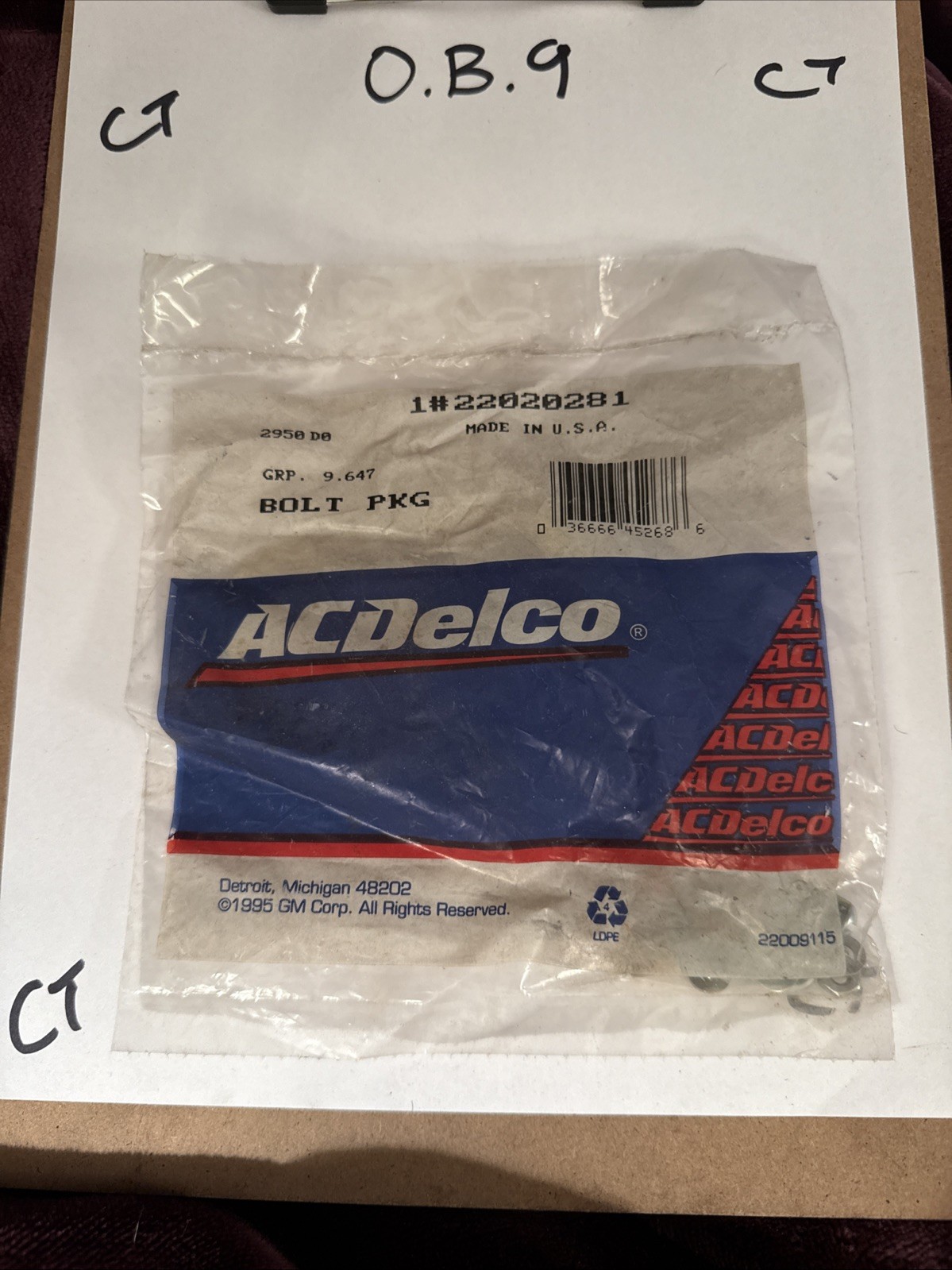 Genuine GM NOS PART 22020281 NUT AND BOLT PACKAGE