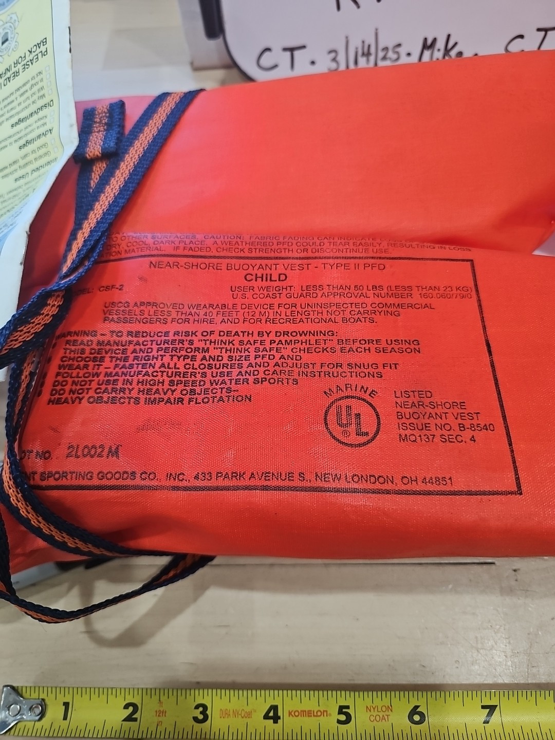 Kent Orange Child Life Vest near Shore Buoyant Vest Type II PFD under 50 lbs NEW - Image 3